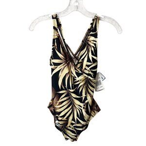 NWT Speedo One Piece Swimsuit Tropical Print Cross-back Women’s Sz 6 Brown Black